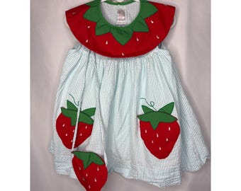 VTG Just Friends Strawberry Seersucker 3T Kleid Blau Gestreift mit Geldbörse Kidcore