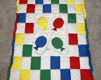 Vintage Baby Blanket Primary Colors Balloons Hearts Quilt Wall Hanging 34"x45"