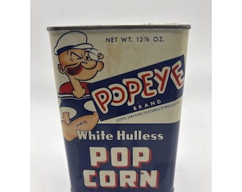 Lata de palomitas de maíz Popeye blanca sin cáscara, de 12.5 oz, vacía, para publicidad, de 1949.