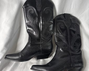 Vtg Nine West R-Nolan 7.5 Western Boots Black Teju Lizard Print Leather Cowgirl