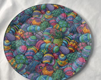 Vintage påskäggsdecoupage i glas, 33 cm, dekorativ tallrik VIP, Cranston-tyg