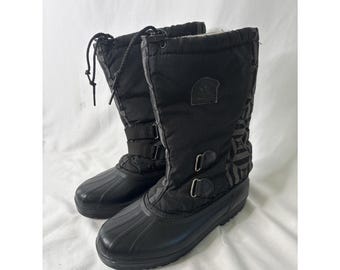 Stivali da neve invernali vintage Sorel taglia 10 Kaufman Canada in nylon nero con chiusura alta e fodera
