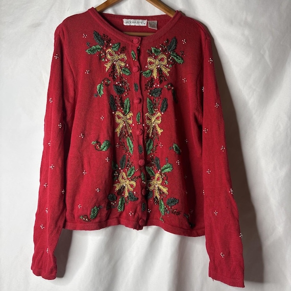 Vtg Victoria Jones Womens M Christmas Holiday Cardigan Sweater Beads Bows Red