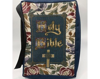 Vintage Floral Tapestry Holy Bible Cover Case Zippered Navy Blue Large XL Carry
