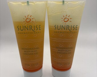 2 Vtg Avon Sunrise Aromatherapy Invigorating Body Buff Shower Gels 6 Oz NOS