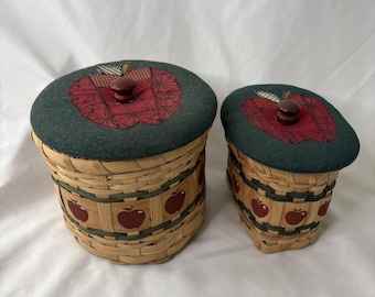 Vtg Cottagecore Woven Wood Apple Baskets w Fabric Patchwork Lids Set Of 2 Rustic