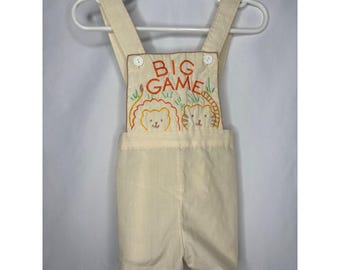 Vintage Mayfair Big Game leeuw tijger geborduurde overall crème 12 maanden safari