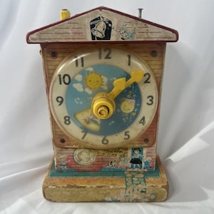 1968 Fisher Price Music Box Teaching Clock 998 School Toy Vintage WORKS FAIR