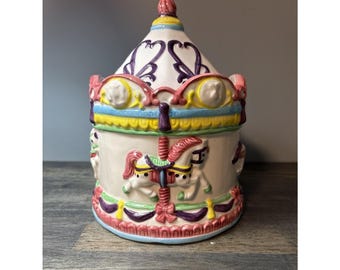 Vtg Ceramic Carousel Horse Cookie Jar with Big Top Lid Whimsical Rare Read