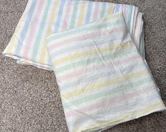 Vtg Fieldcrest Twin Flat Fitted Sheet Set Pastel Candy Stripe Mitered Corners
