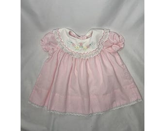Vtg Baby Girl 6-9 Month Pastel Pink Bird & Floral Peter Pan Lace Collar Dress