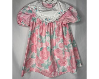 VTG Bonnie Jean Mädchen Rosa Blumenspitze Kragen Kleid Made in USA ILTWU 2T Gelesen