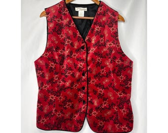 Vtg Norm Thompson Red Velvet Damask Vest women XL Holiday Black Gold Scroll USA