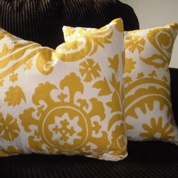 FREE SHIPPING Pair of Custom Pillow Covers, 16x16, Yellow and White Suzani Print, Ready to Ship by Sew Custom Designs