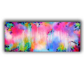 ORIGINAL Extra LARGE ABSTRAIT Peinture Rose Bleu Blanc Violet Vert Jaune Mur Art Toile