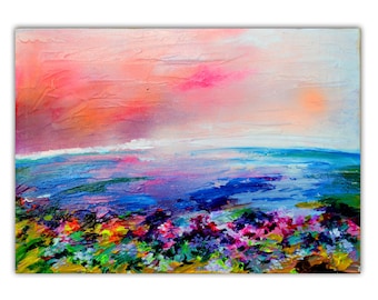 SMALL Colorful SEASCAPE Painting on WOOD Ready to Hang Ocean Art