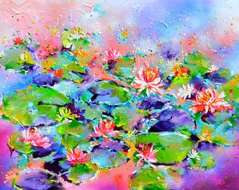 WATER LILLIES on the Pond Original IMPASTO Ready to Hang Floral Large Painting on Canvas Ready to Hang