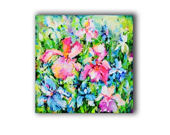 ORIGINAL BLUE IRIS Field Painting Small Gift for Her Colorful Flowers Wall Art