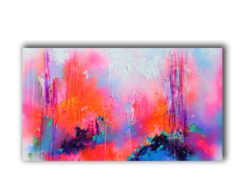 LARGE Original ABSTRACT Painting Ready to hang COLORFUL White Pastel Blue Neon Pink Modern Artwork