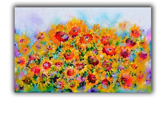 SUNFLOWER Field Colorful LARGE Flowers IMPASTO Painting Yellow Blue White Floral Relief Acrylic on Canvas