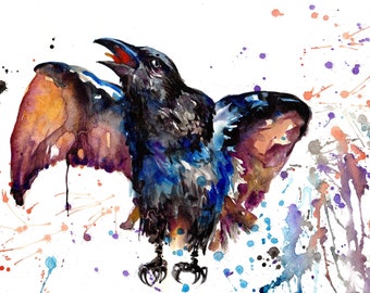 ORIGINAL RAVEN WATERCOLOR Wild Life Splashes Painting Wall Art Bird Wings Decor