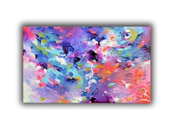 COLORFUL Acrylic ABSTRACT OOAK Painting Ready to Hang Wall Art Gift Testural Impasto Artwork Blue and Purple Relief Art Canvas