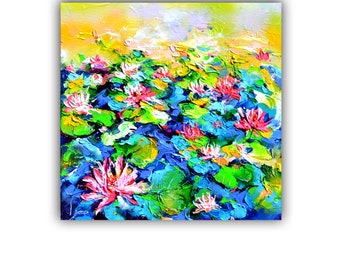 Nénuphars rouges sur la peinture de l’étang, prêt à accrocher l’art mural en relief OOAK sur toile, œuvre d’art Waterlilly pour cadeau