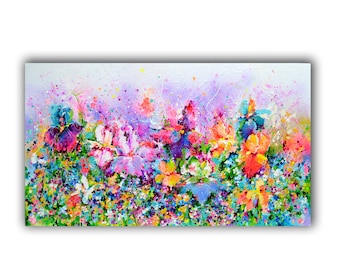 ORIGINAL Iris FLOWER Garden Painting Large Colorful Wall Art DECOR sur Toile Prêt à accrocher