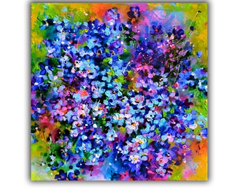 Vergiss mich nicht BLAUE BLUME Original pastoses kleines buntes Gemälde, fertig zum Aufhängen, Wandkunst, Acryl auf Leinwand