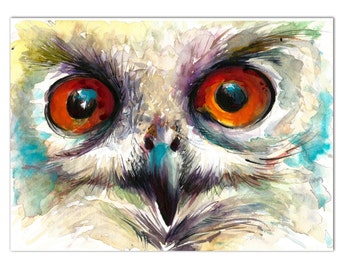 OWL Eyes Painting, ORIGINAL Owl WATERCOLOR, Wild Life Painting, Wall Art Watercolor Bird Decor, Bird Watercolor, Bird Eyes Painting