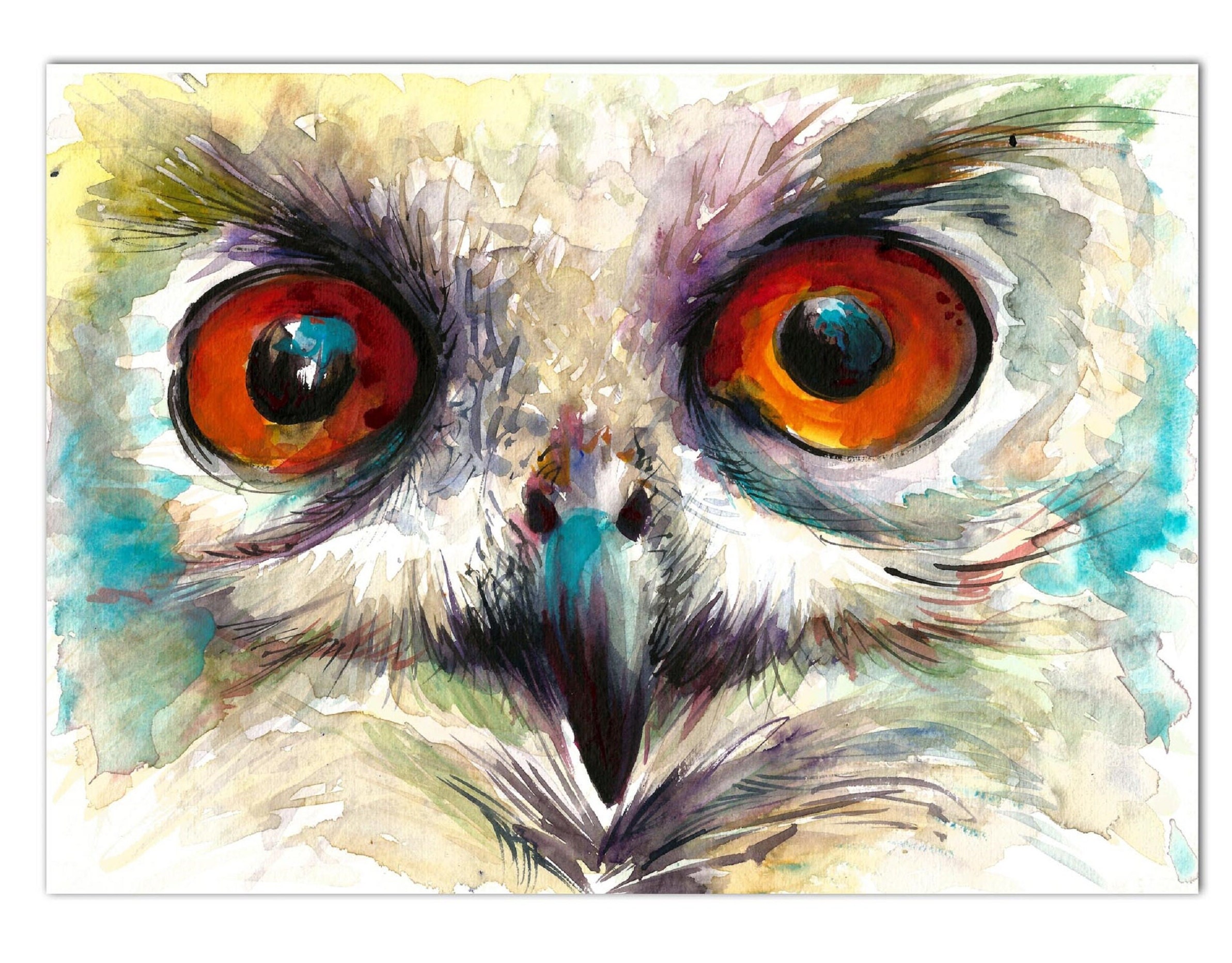 OWL Eyes Painting, ORIGINAL Owl WATERCOLOR, Wild Life Painting, Wall Art Watercolor Bird Decor, Bird