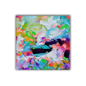 Textural Acrylic ABSTRACT, OOAK Palette Knife Painting, Bright Blue and White Wall Art Gift, Small Impasto Artwork, Colorful Relief Art