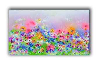 Grand champ de fleurs sauvages colorées toile originale peinture intérieur pendaison de crémaillère Wall Art Decor