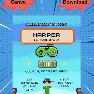 Videospiel-Geburtstagseinladung - Bearbeitbare Retro Gaming Party einladen - Canva-Vorlage - Druckbarer digitaler Download für Kinder