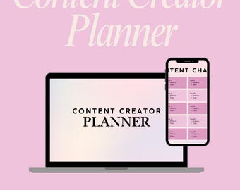 以下が含まれることがあります： ピンク色の背景に、薄いベージュのフォントで「Content Creator Planner」という文字。ラップトップとスマートフォンには「Content Creator Planner」とコンテンツスケジュールが表示されています。「Order Now」の文字が下にあります。