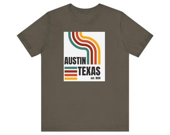 Austin Texas T Shirt | Retro 70s Vintage Striped Logo | Unisex Bella Canvas Tee | Austin Texas Souvenir Gift