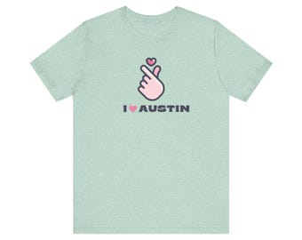 I Love Austin K Pop Style T Shirt | Cute Korean Hand Heart Design | Unisex Bella Canvas Tee | Austin Texas Souvenir Gift