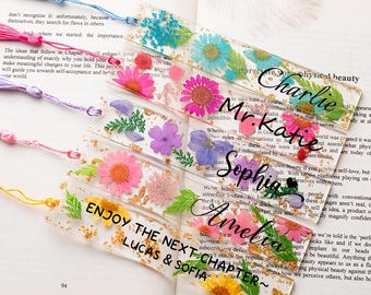 Handmade Pressed Flower Resin Bookmark, Custom Name Floral Book Mark