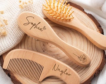 Personalized Wooden Baby Hair Brush Set, Engraved Name Keepsake, Newborn Shower Gift