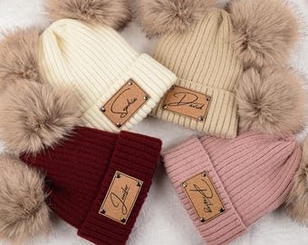 Personalized Baby Beanie, Knit Winter Hat with Engraved Leather Patch