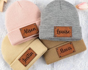 Personalized Baby Beanie, Knit Winter Hat with Engraved Leather Name Patch