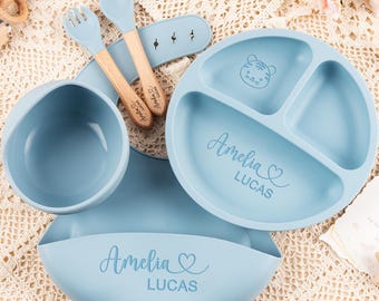 Personalized Silicone Baby Weaning Set, Custom Toddler Feeding Plate Bowl Bib