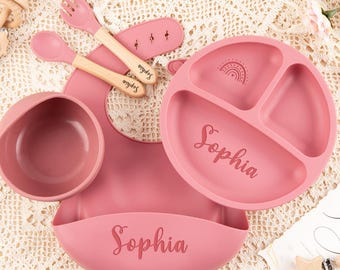 Custom Silicone Baby Weaning Set, Engraved Plate, Bib, Bowl, Fork, Spoon