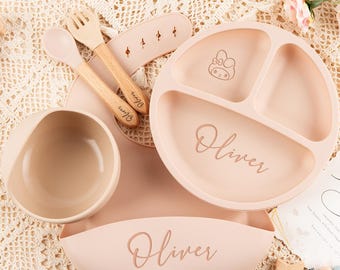 Personalized Silicone Baby Feeding Set, Engraved Bib, Bowl, Plate, Spoon, Fork