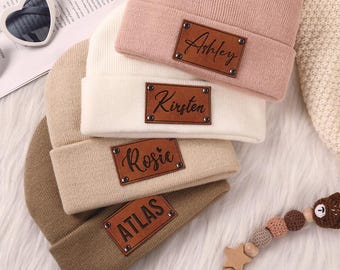 Personalized Baby Beanie, Newborn Baby Beanie Hat, Adult Kids Hat with Name Patch, Unisex Baby Hats, Adult Beanie Hat with Name