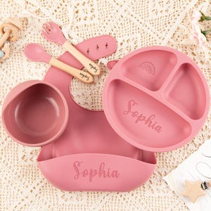Custom Silicone Baby Weaning Set, Engraved Plate, Bib, Bowl, Fork, Spoon