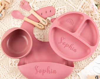 Custom Silicone Baby Weaning Set, Engraved Plate, Bib, Bowl, Fork, Spoon