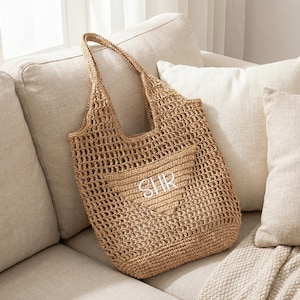 Personalized Raffia Beach Tote Bag, Hand-Woven Straw Bag, Embroidered Initials, Bridesmaid Gift image 6