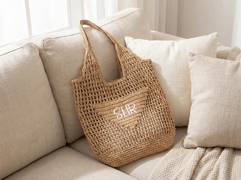 Personalized Raffia Beach Tote Bag, Hand-Woven Straw Bag, Embroidered Initials, Bridesmaid Gift image 6