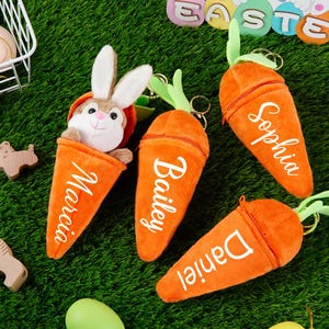 Könnte beinhalten: Orange, karottenförmige Plüschbeutel mit grünen Oberteilen und goldenen Schlüsselanhängern. Die Beutel sind mit Namen in weißer Schrift personalisiert. Ein Beutel enthält ein Plüschkaninchen. Ostermotiv.